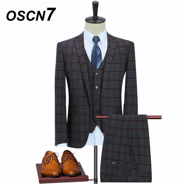 

oscn7 casual business check 3 piece suit men 2019 wedding dress fashion plaid suits for men party gentleman 6671, White;black