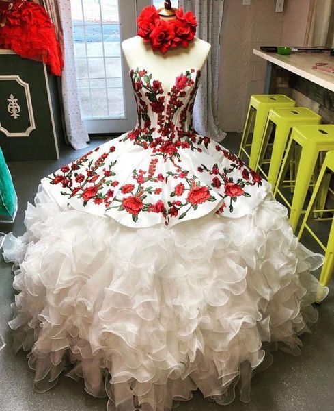 

modest red green embroidery quinceanera dresses 2020 white tulle ruffles sweetheart lace-up prom dress 7th grade vestidos de novia sweet 16, Blue;red