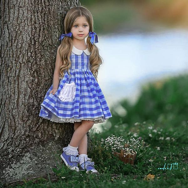 

girls dresses summer 2020 for baby girl white blue plaid grid printed preppy style lace princess dresses children kids clothing cz416, Red;yellow