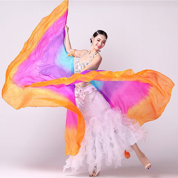 

100% silk stage performance props 1 pair half moon silk veil dance colorful with wooden sticks belly dance isis wings (no stick, Black;red