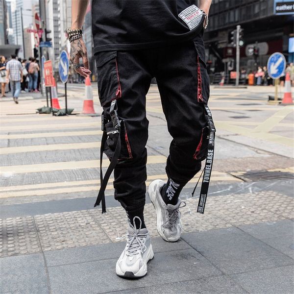 

hip hop mens designer pants cargo pants casual loose cool personal pockets letter ribbon fashion mens pants, Black