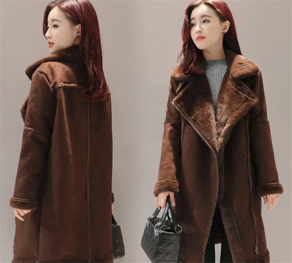 

winter womens designer coats fashion korean style slim faux lamb wool laple neck long coats casual womens coats, Black