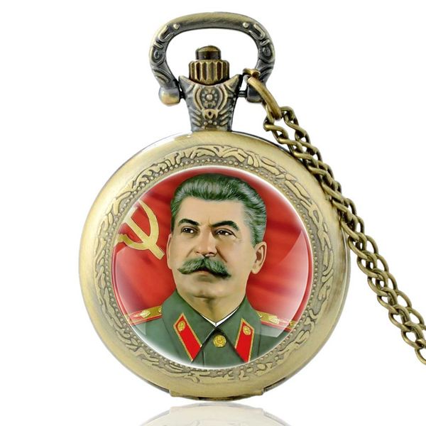 

antique soviet hero stalin quartz pocket watch vintage men women bronze pendant necklace gifts, Slivery;golden