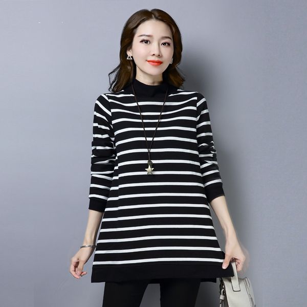 

2019 autumn women's knitted sweater half high collar pullovers striped long sleeves warm casual loose knitting sweater cc911, White;black