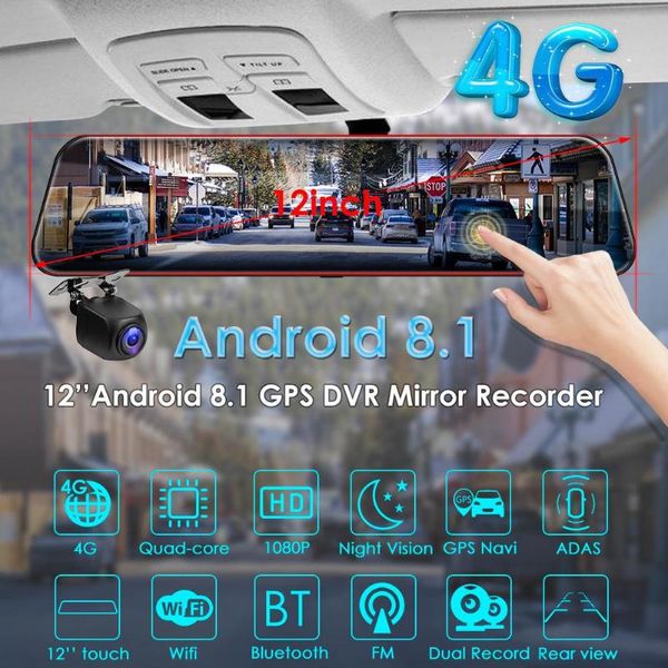 

vodool 4g android 8.1 full mirror car dvr camera 12" 1080p rearview mirror dashcam adas gps wifi dual lens stream video dash cam