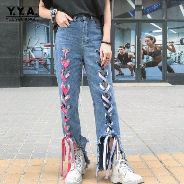 

girls personality lace up loose casual denim jeans hole ripped high streetwear fashion designer women trousers mid waist pants, Blue