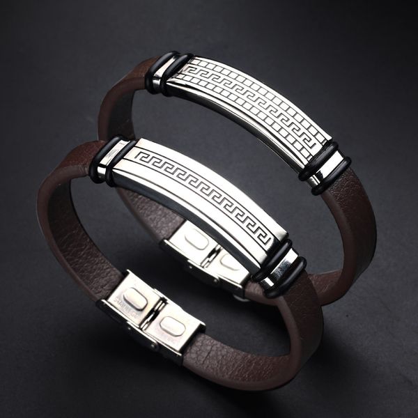 

classic design christmas gift real brown leather charm bracelet engraving stainless steel tag bracelets for sale, Golden;silver