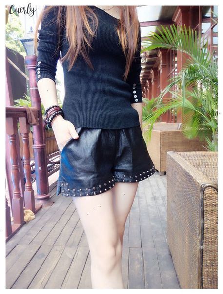 

pu women leather shorts autumn winter fashion rivet short elastic waist casual wide leg shorts feminino cintura sexemara, White;black