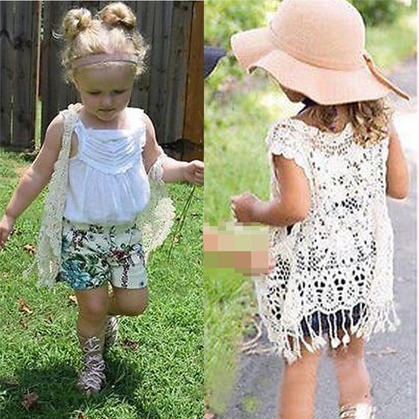 

canis casual fashion toddler kids baby girls crochet lace hollow cardigan vest tassels polyester cotton waistcoat, Blue