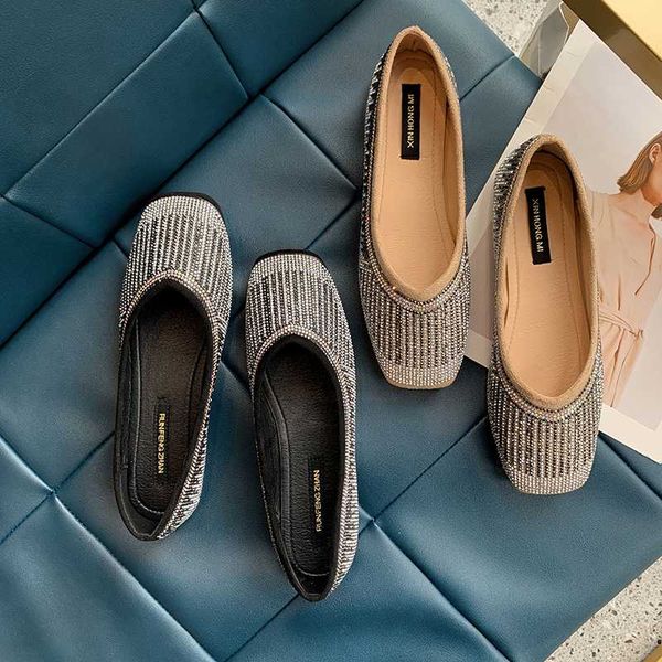 

2020 new spring women rhinestone fashion anti-slip ballet flats soft shoes square head flat shoe elegant casual soft wear u25-25, Black