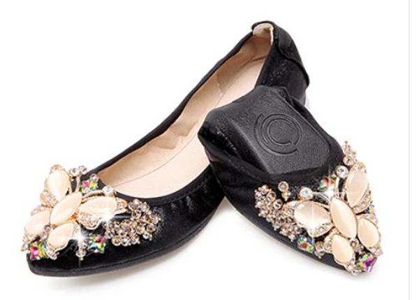 

women's shoes in spring and autumn flat bottom pointed end water drill sequined cloth#68, Black