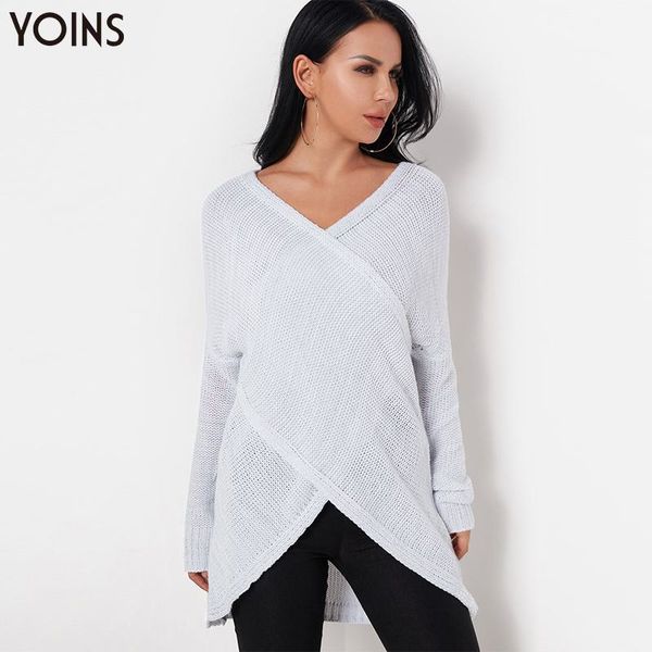 

yoins 2019 autumn winter women knitted sweater grey crossed front dolman sleeve loose jumper knitted sweaters casaco feminino, White;black