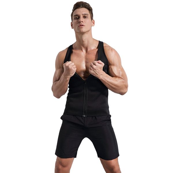 

men fitness vest sleeveless zipper sweating slimming sauna tank sportswear body shaper gym running workout shirt clothes, Black