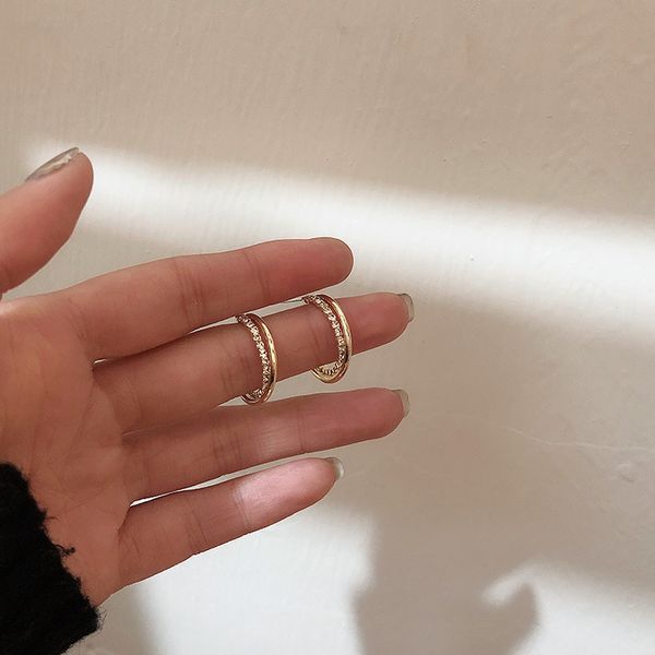 

korea simple temperament classic wild full crystal double layer geometric metal ear ring girl party ladies earrings, Golden;silver