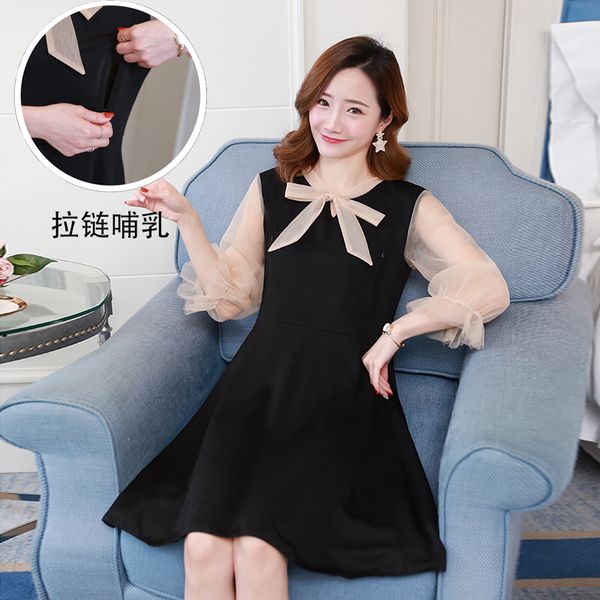 

preppy style postpartum women breastfeeding dress chiffon sleeve patchwork bow collar zip maternity nursing dress lactation, White