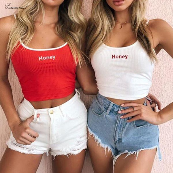 

летний камзол женщины crop top sexy honey письмо вышивка топы обрезанных дамы спагетти ремень упругой рубашка жилет, White