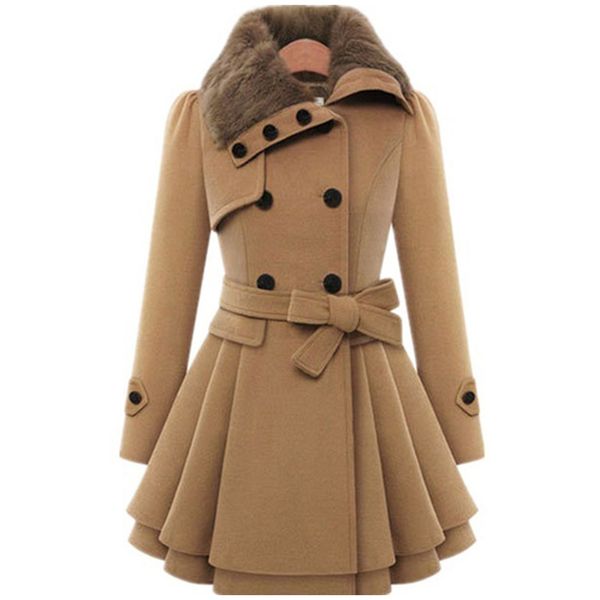 

women lapel collar medium length jackets female thicken autumn winter solid color elegant double breasted fur woolen coats, Black