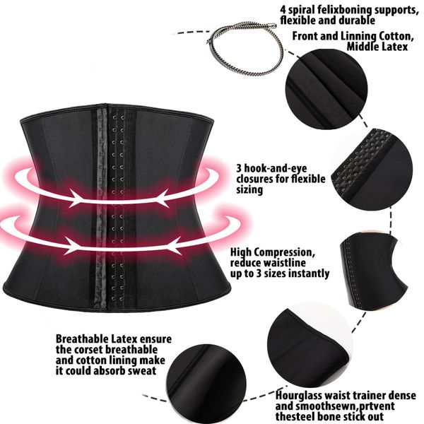 

latex rubber steel bones women waist trainer shaper plus size waist cinchers slimming weight loss shapewear corset, Black;white