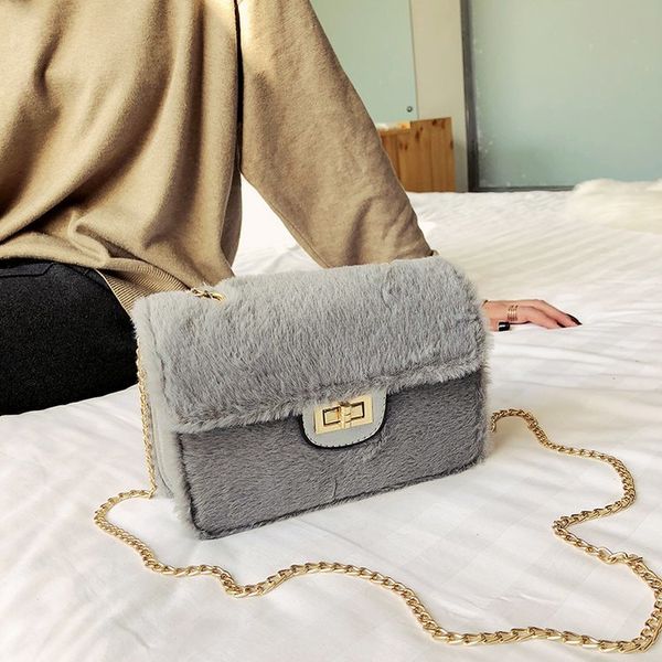 

2019 winter soft plush shoulder handbag for girl chain mini solid color messenger bags women purse ladies evening party bolso