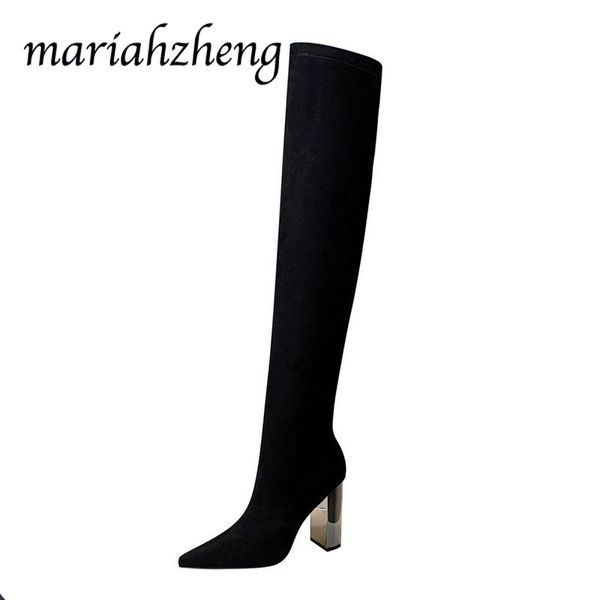 

mariahzheng winter long boots thick with shoes high heel suede pointed women boots slim pedicure over the knee ds, Black