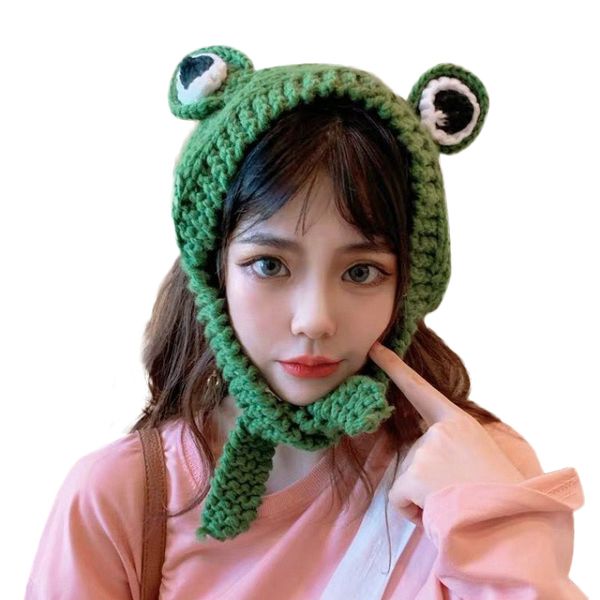 

new women hat korean style girl novelty cute big-eyed frog ears knitted cap soft warm comfortable winter protective hat, Blue;gray