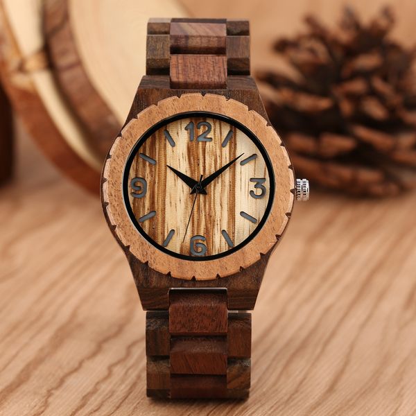 

classic wooden watch men quartz timepiece luxury wood watch band analog display mens watches folding clasp male clock reloj, Slivery;brown
