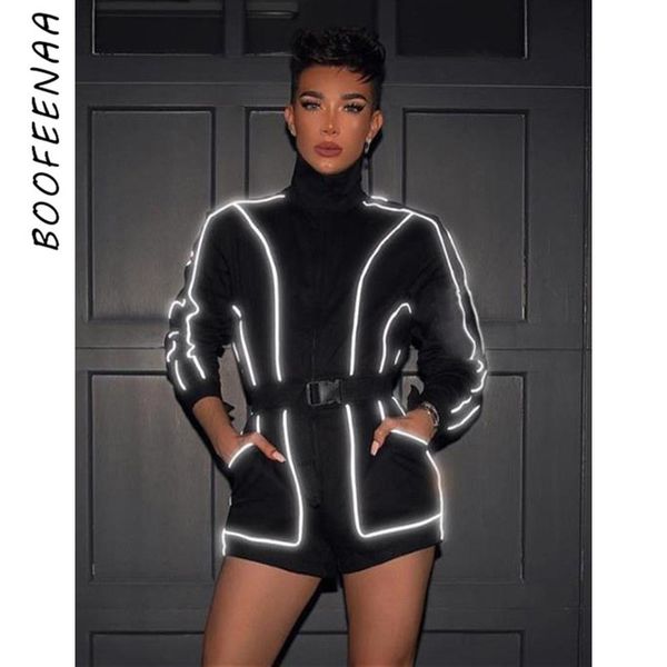 

boofeenaa black reflective striped romper long sleeve playsuits women shorts jumpsuits night out outfits fall 2019 c87-bc58, Black;white