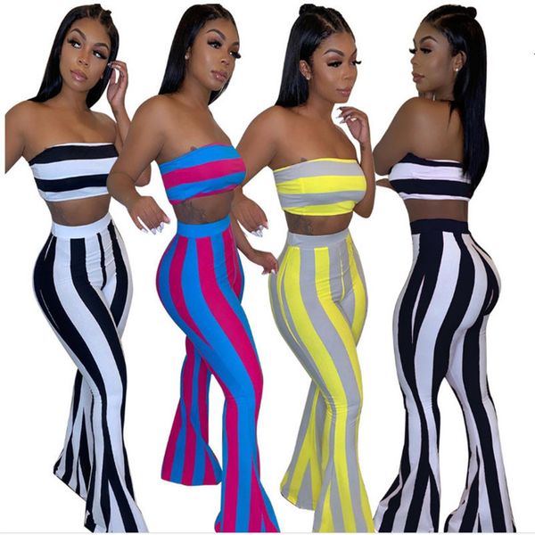 

striped two piece set summer strapless crop and bell bottom flare pants suit matching sets outfits 2 piece set women, Gray