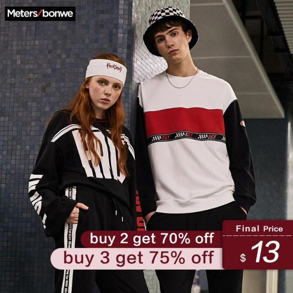 

metersbonwe new spring trend stripe loose sweatshirt men hit color fashion men's pullover skateboard sweatshirt, Black