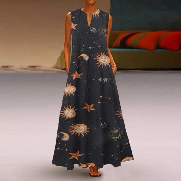

womens dress ladies summer printed a line fashion sleeveless maxi long, Black;gray