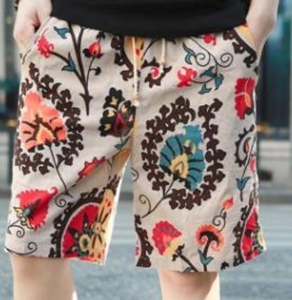 

mens floral printed beach shorts linen casual comfortable male hommes holiday half shorts, White;black