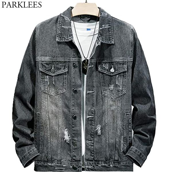 

black ripped distressed denim jacket men 2020 casual slim fit mens jean jackets washed cotton western style trucker jacket 3xl, Black;brown