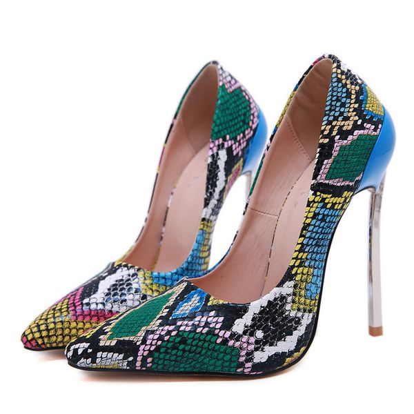 

high heels women pumps snake pattern shallow party club shoes big size 35-42 metal thin heeled office lady shoes, Black