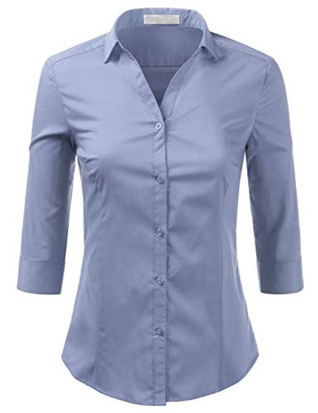 

foryous women button down shirt 3/4 sleeve blouses slim fit plus size, Black;gray