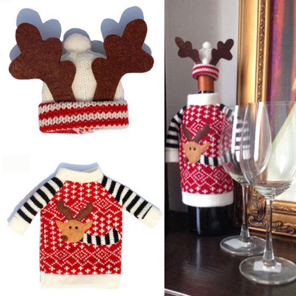 

christmas red wine bottle cover case indoor decoration antler hats suit