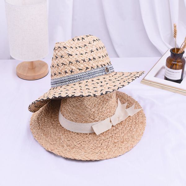 

2019 brand new summer straw hat for women fashion big brim raffia bow jazz hat european ladies beach sun fedora, Blue;gray