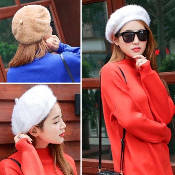 

sparsil 2020 new women berets female furry knit white beret hats warm mink cashmere wool bend beret cute pumpkin cap winter hat, Blue;gray
