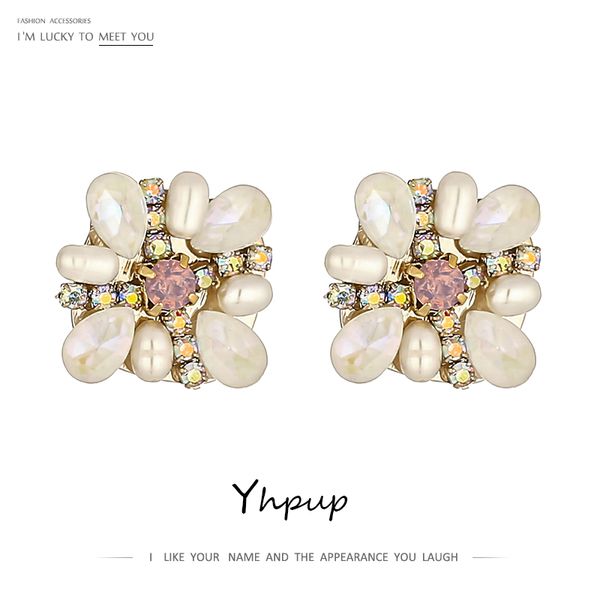 

yhpup fashion crystal natural pearl flower stud earrings luxury rhinestone jewelry romantic earrings bijoux femme gift 2020, Golden;silver