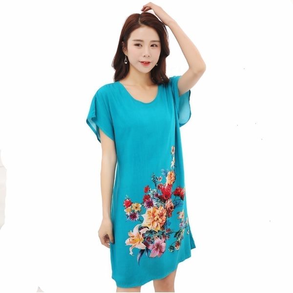 

blue lady cotton soft nightgowns sleepwear chinese style print womens nightdress flowers night dress home wear one short size sg051, Black;red