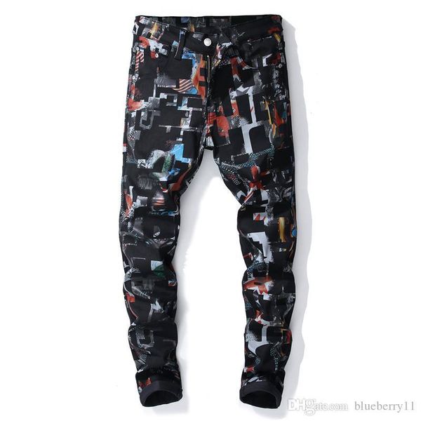 

men fashion 3d pattern designer black printed jeans slim fit denim pants long hip hop trousers, Blue