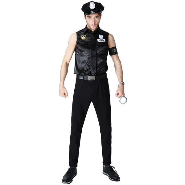 

vocole black men costume sleeveless t-shirt men officer cop uniform, Black;red