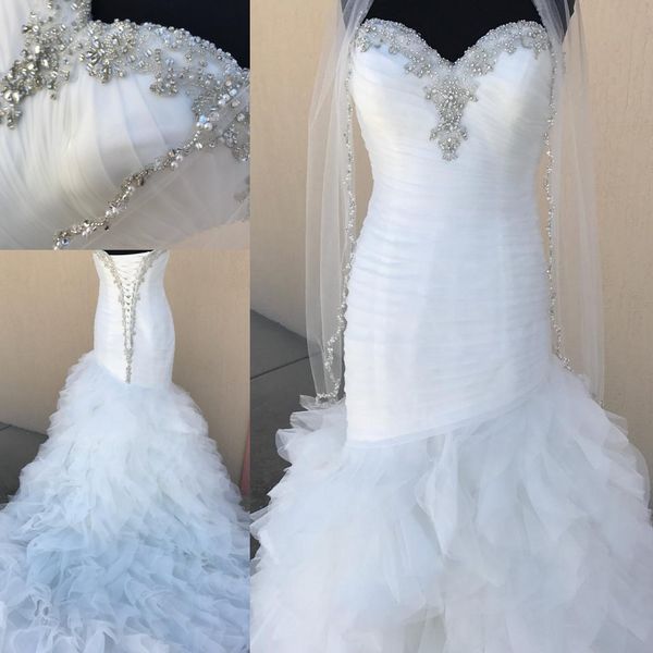 

luxury crystal ruffles mermaid wedding dresses gown real p sweetheart ruched tulle court train long bridal gowns, White