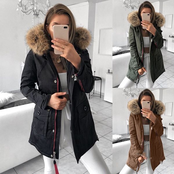 

winter womens designer jacket fashion casual solid color long sleeve fur trim coat autumn and winter womens jacket, Black;brown