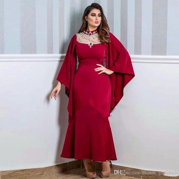 Árabe Dubai vestidos vermelhos escuros com Cabo mangas compridas frisada de cristal Neck tornozelo-comprimento Formal Wear Vestido Prom Vestidos ogstuff