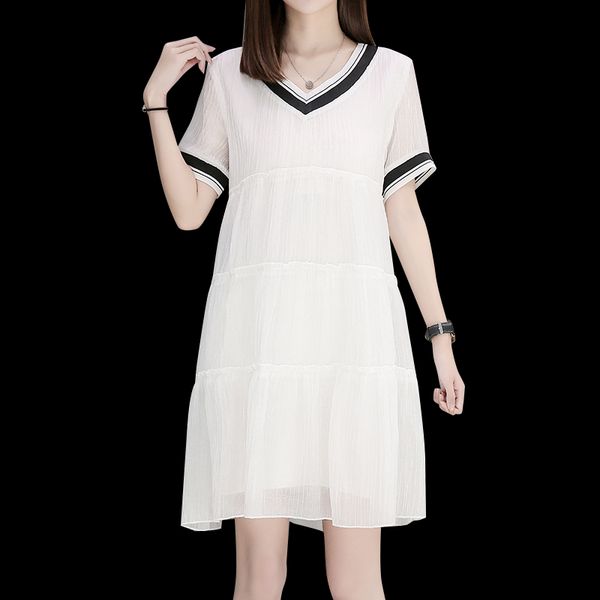 

women plus size loose casual summer dress solid color v neck all match large size sweet korean style dresses breathable dresses, Black;gray
