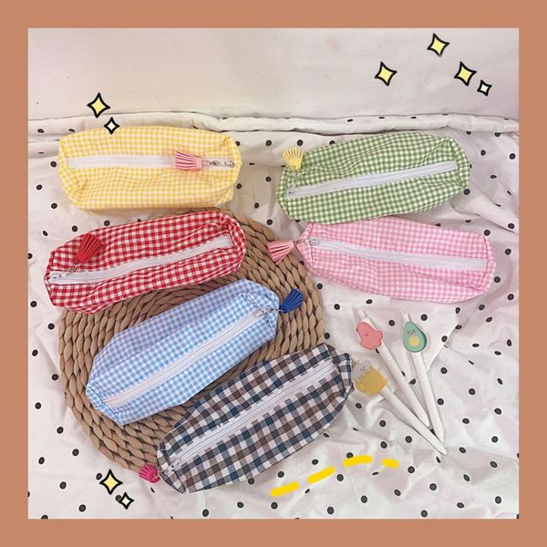 

checkered flower pencil case kawaii pen bag box boy girl pouch students school office supplies stationery penalties zipper gift
