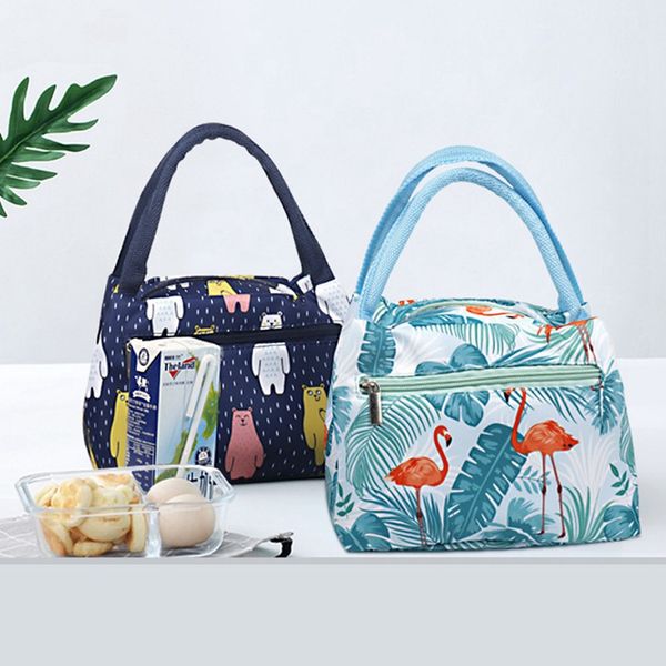 

1 pc unicorn bear flamingo printed lunch bag childrens cartoon square canvas portable lunch handbag womenfood picnic packet new, Blue;pink