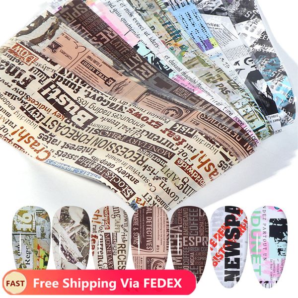 

10pcs nail foil sticker vintage newspaper gel set mixed flower marble adhesive transfer decals starry paper nail slider, Black