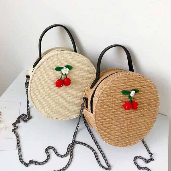 

vintage woven bag round straw shoulder bag small beach handbags women summer cherry handmade messenger crossbody bags