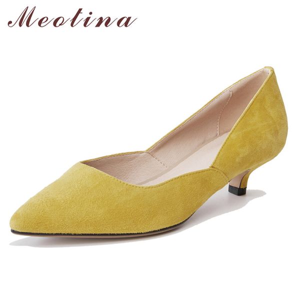 

meotina high heels women pumps kid suede stiletto heel party shoes genuine leather pointed toe shoes ladies yellow green size 39, Black